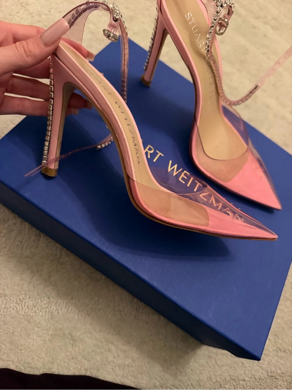 Stuart Weitzman Pink Crystal-Strap Pointed Stiletto Pumps